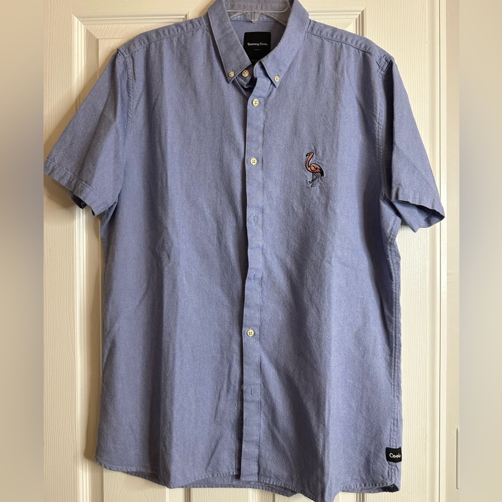 Barney Cools Blue Button Down with Pink Flamingo Embroidery Size XL